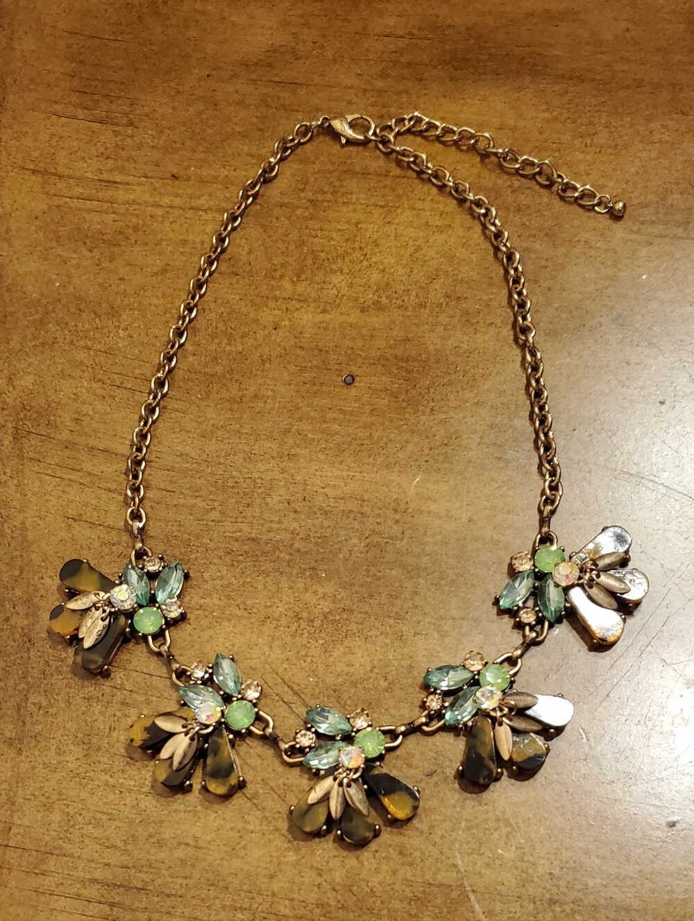 Gold-Tone Floral Cluster Statement Necklace with Green Stones